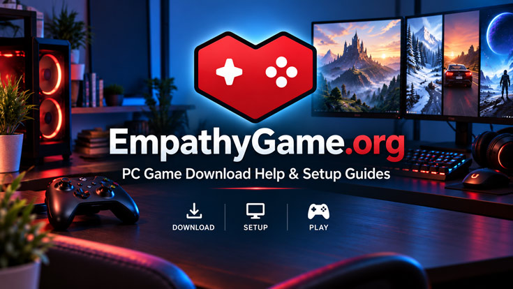 EmpathyGame.org promotional image showing the site logo in a neon gaming setup with the slogan - PC Game Download Help and Setup Guides